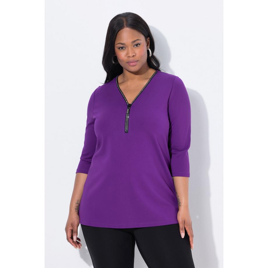 Ulla Popken Punto A-Line Fermeture Éclair Col V Manches 3/4 T-shirt  