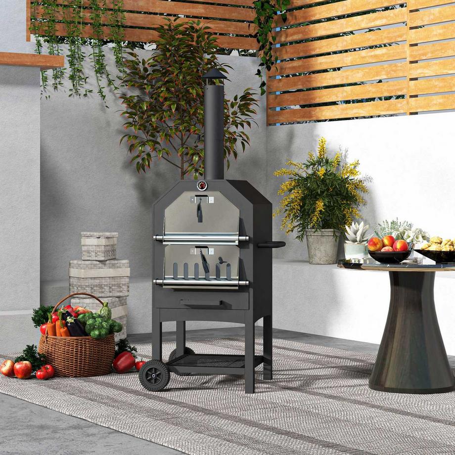 Northio Forno Per Pizza 2 In 1, Forno Grill Da Esterno Con Pietra Per Pizza, Vano Cenere, 2 Griglie, Forno A Legna Con Ruote, Termometro, Per Giardino, Nero  