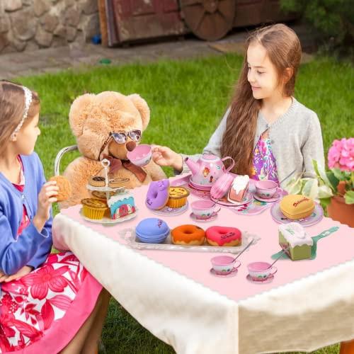 Activity-board  Teeservice für Kinder, Zinn-Teekanne, Dessert-Spielzeug, Kekse, Donuts, Kuchen, Tischtuch und Tragetasche 
