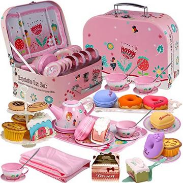 Teeservice für Kinder, Zinn-Teekanne, Dessert-Spielzeug, Kekse, Donuts, Kuchen, Tischtuch und Tragetasche