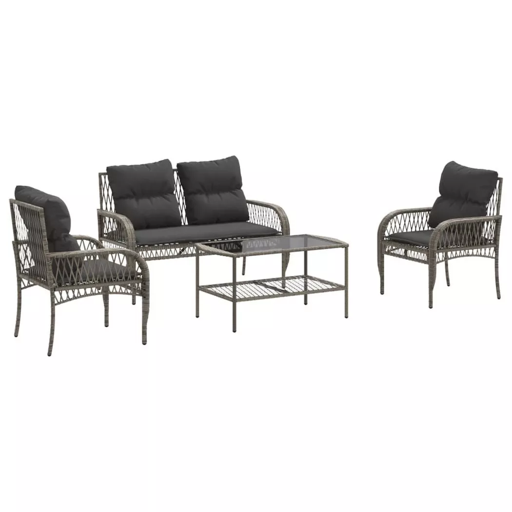 Salon de jardin 4 pcs avec coussins gris résine tressée