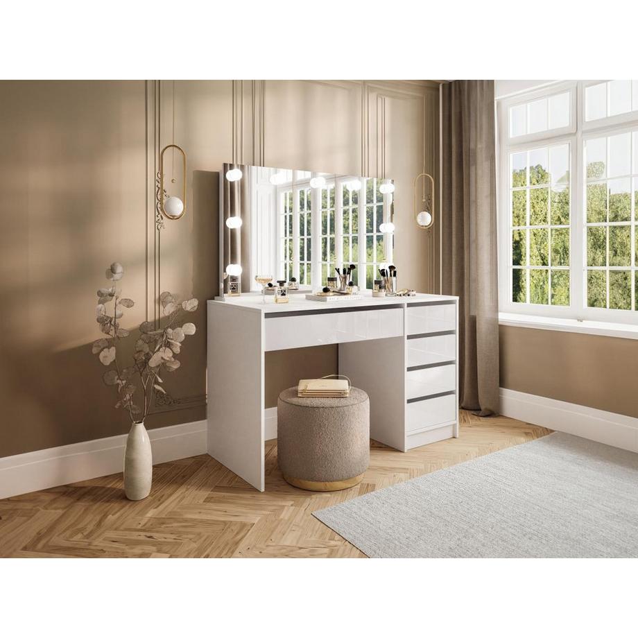 Vente-unique  Frisiertisch mit LED-Spiegel - 5 Schubladen - Weiß glänzend - JENEMI 