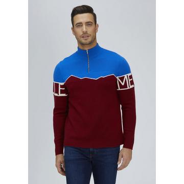 Maglione Merino con mezza zip e stampa montagna