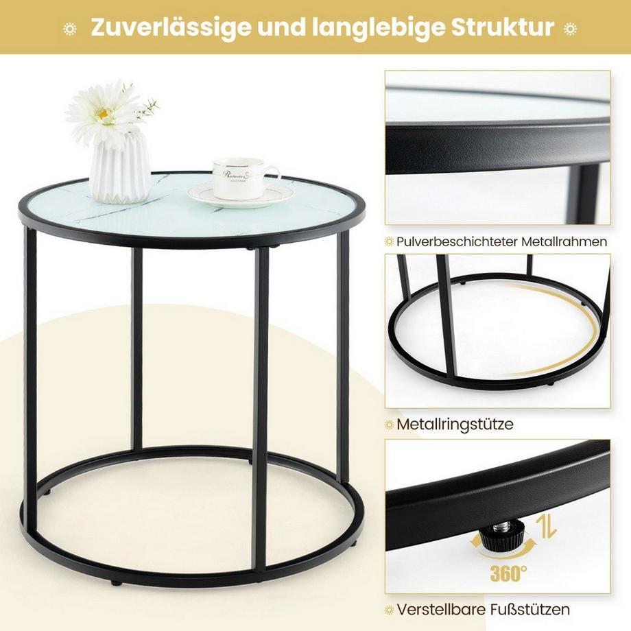 Northio Tavolino rotondo con piano in vetro simil marmo e tavolino da divano con piedini regolabili  