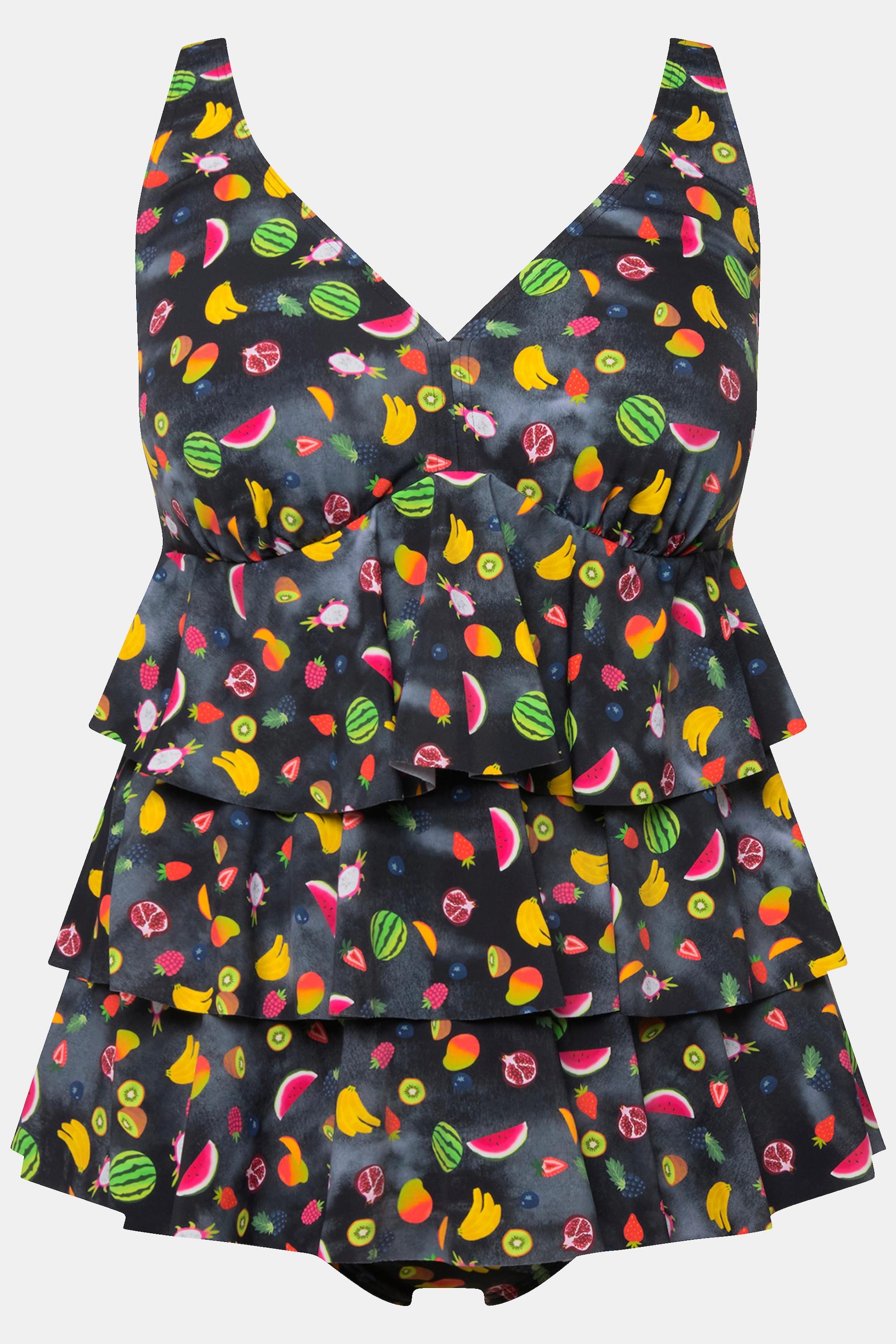 Ulla Popken  Tankini con frutta, coppe morbide, volant e materiale riciclato 