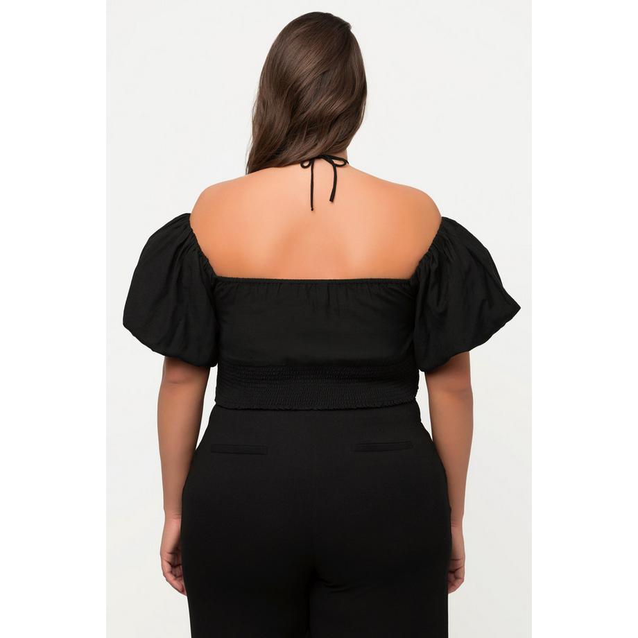 Ulla Popken Kurzes Blusentop Carmen Ausschnitt Halbarm Smoksaum  