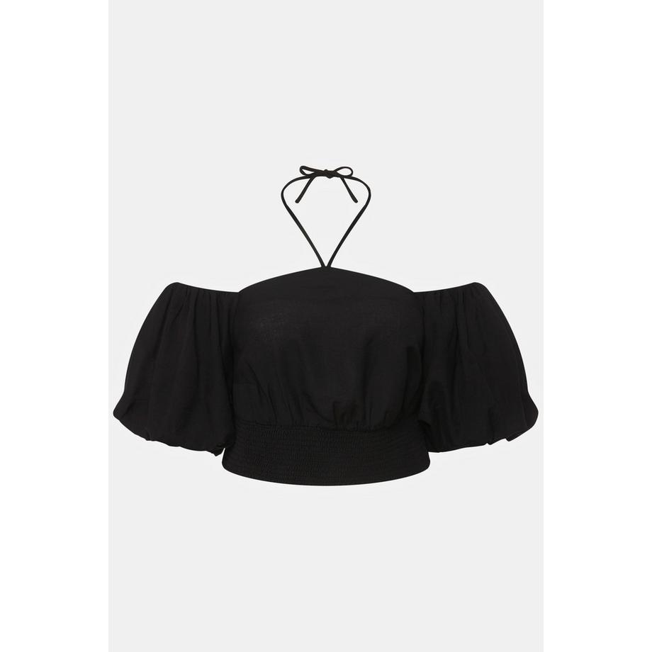 Ulla Popken Kurzes Blusentop Carmen Ausschnitt Halbarm Smoksaum  