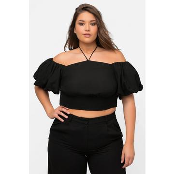 Blouse style crop top. Décolleté Carmen, ourlet smocké et manches courtes.