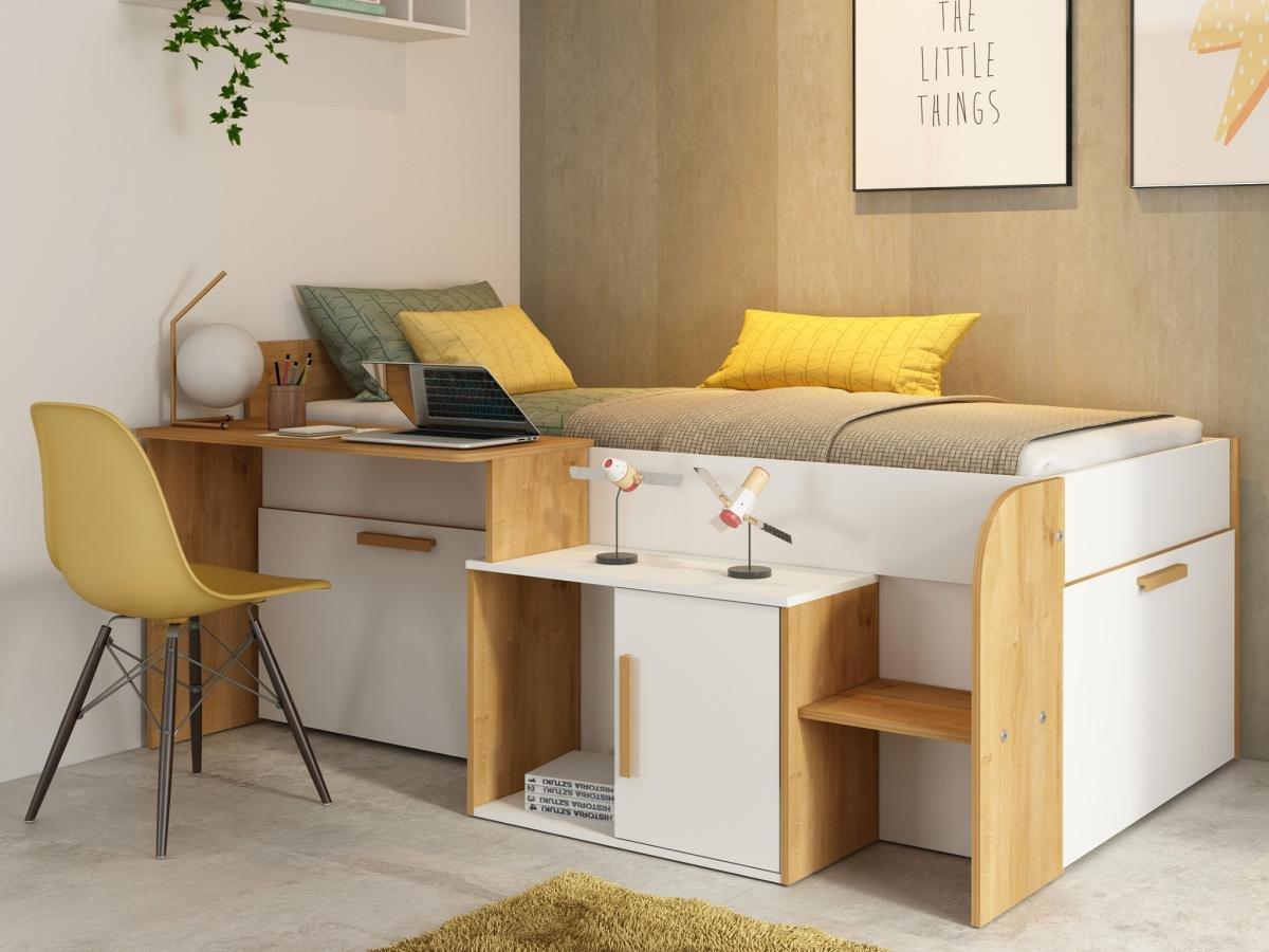 Vente-unique Lit combiné 90 x 200 cm avec bureau et rangements - Coloris : Blanc et naturel + Sommier + Matelas - PEDRO  