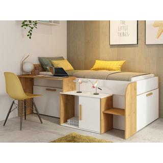 Vente-unique Lit combiné 90 x 200 cm avec bureau et rangements - Coloris : Blanc et naturel + Sommier + Matelas - PEDRO  