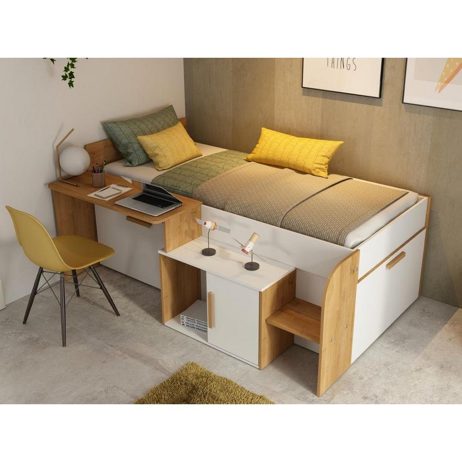 Vente-unique Letto a soppalco 90 x 200 cm con scrivania e ripiani - Colore: Bianco e naturale + Sommier + Materasso - PEDRO  