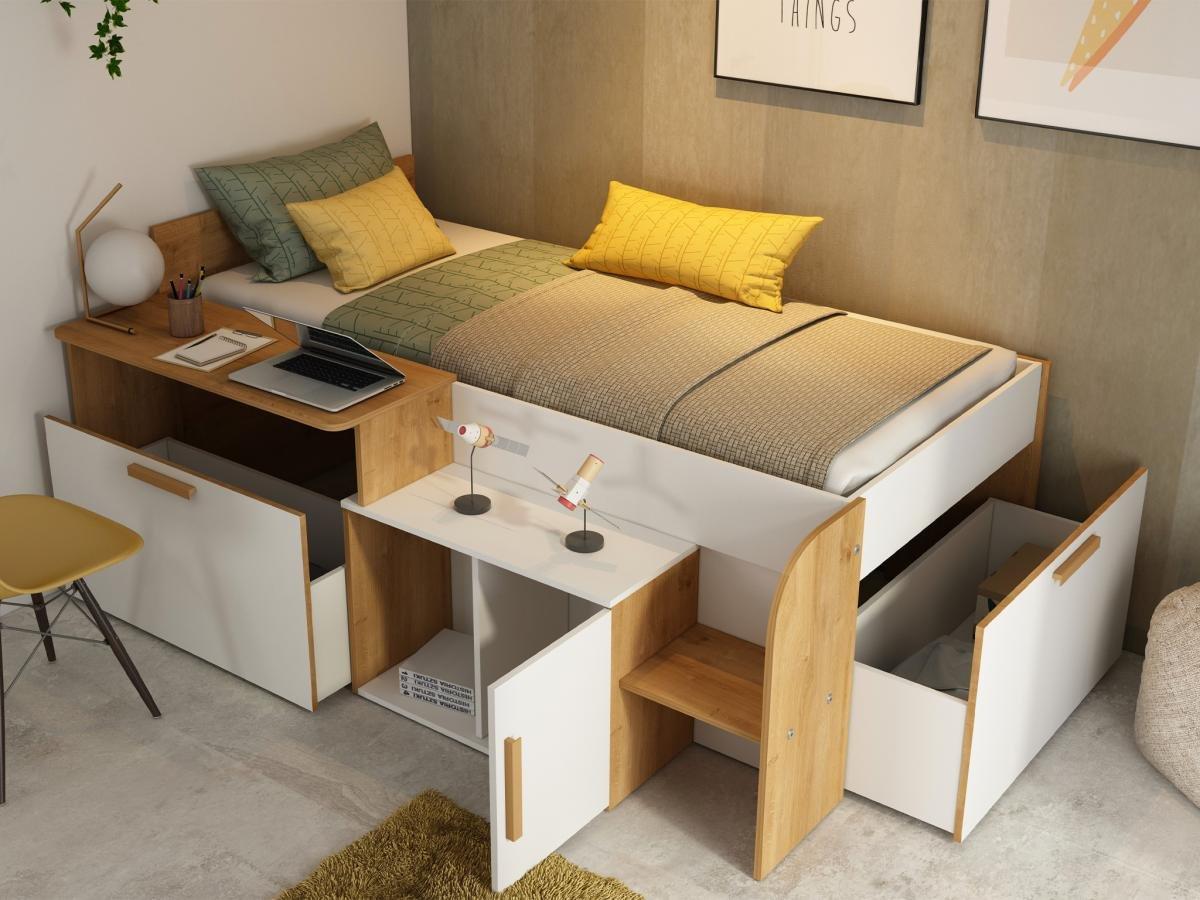 Vente-unique Lit combiné 90 x 200 cm avec bureau et rangements - Coloris : Blanc et naturel + Sommier + Matelas - PEDRO  