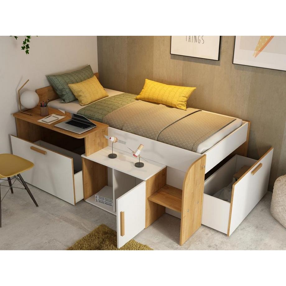 Vente-unique Letto a soppalco 90 x 200 cm con scrivania e ripiani - Colore: Bianco e naturale + Sommier + Materasso - PEDRO  