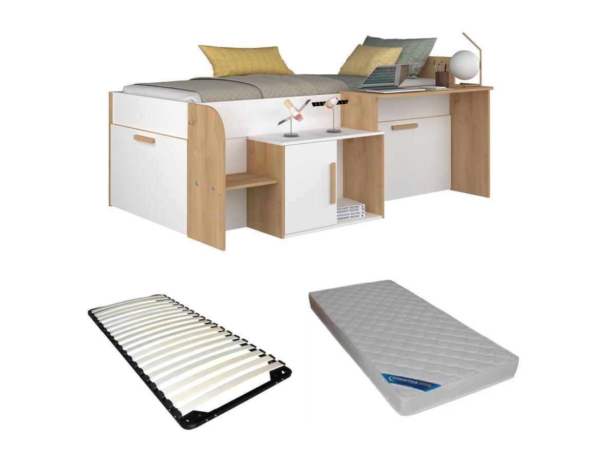 Vente-unique Lit combiné 90 x 200 cm avec bureau et rangements - Coloris : Blanc et naturel + Sommier + Matelas - PEDRO  