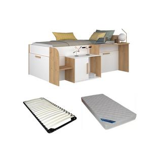 Vente-unique Lit combiné 90 x 200 cm avec bureau et rangements - Coloris : Blanc et naturel + Sommier + Matelas - PEDRO  