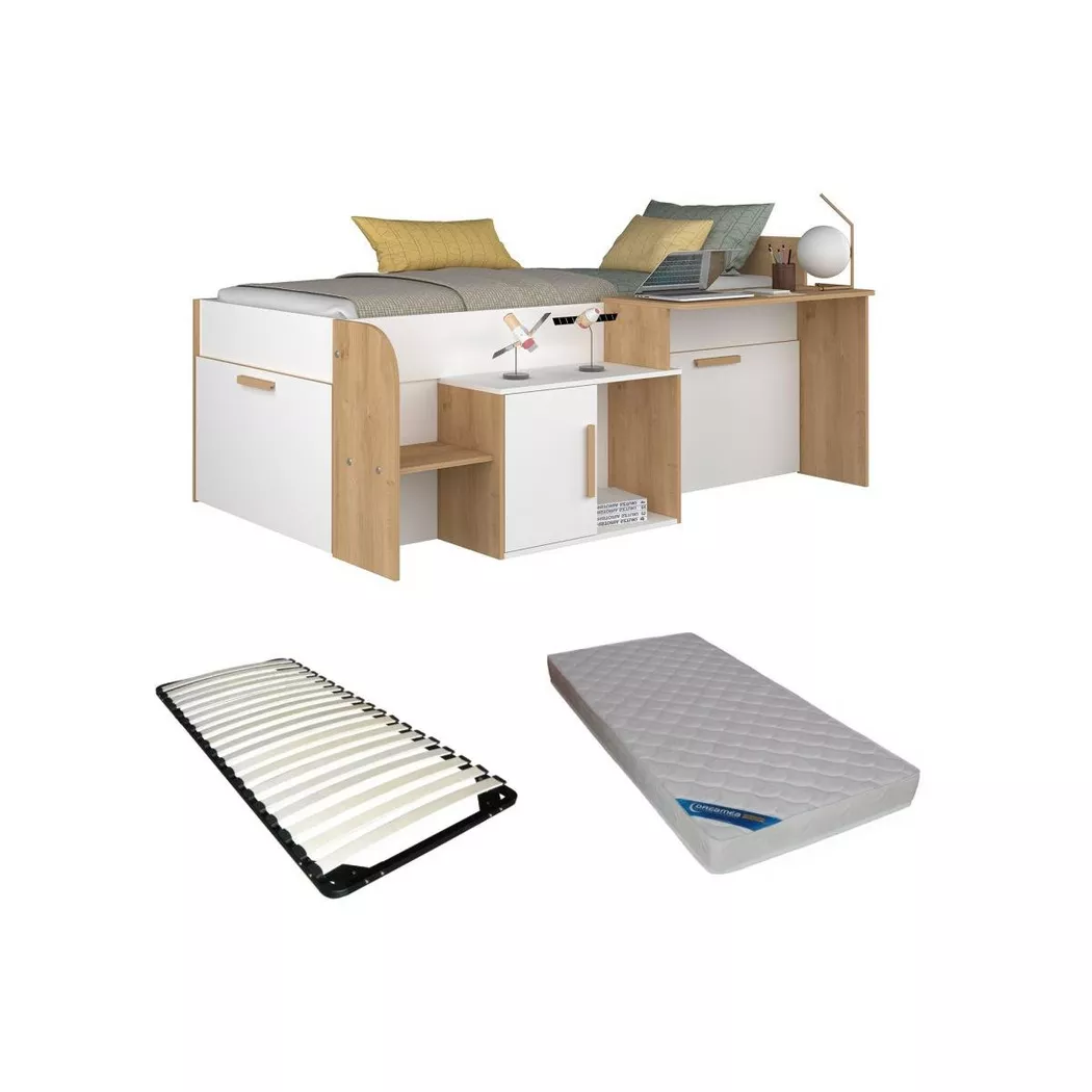 Vente-unique - Lit combiné 90 x 200 cm avec bureau et rangements - Coloris : Blanc et naturel + Sommier + Matelas - pedro