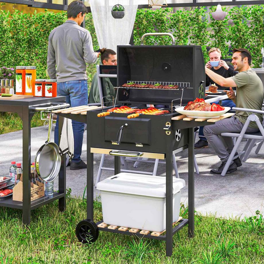 Northio  Holzkohlegrill aus Edelstahl fahrbar Grillwagen mit Deckel Thermometer Grillrost Räder Griff verstellbar Kohlewanne, Kohlegrillwagen mit Holzablage BBQ Smoker für Camping Garten 112x58x107cm | 