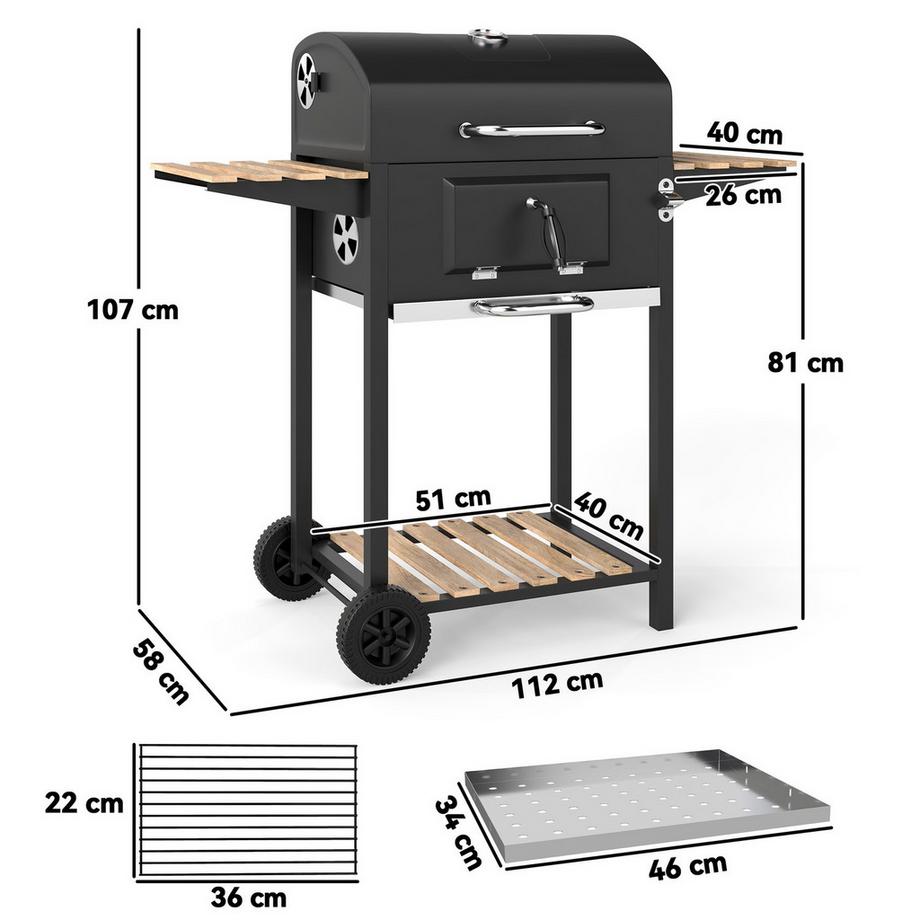 Northio  Holzkohlegrill aus Edelstahl fahrbar Grillwagen mit Deckel Thermometer Grillrost Räder Griff verstellbar Kohlewanne, Kohlegrillwagen mit Holzablage BBQ Smoker für Camping Garten 112x58x107cm | 
