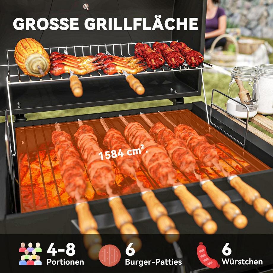 Northio  Holzkohlegrill aus Edelstahl fahrbar Grillwagen mit Deckel Thermometer Grillrost Räder Griff verstellbar Kohlewanne, Kohlegrillwagen mit Holzablage BBQ Smoker für Camping Garten 112x58x107cm | 