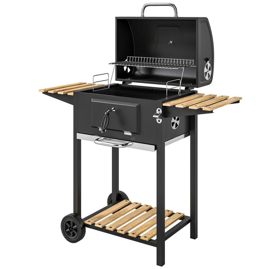 Holzkohlegrill aus Edelstahl fahrbar Grillwagen mit Deckel Thermometer Grillrost Räder Griff verstellbar Kohlewanne, Kohlegrillwagen mit Holzablage BBQ Smoker für Camping Garten 112x58x107cm |