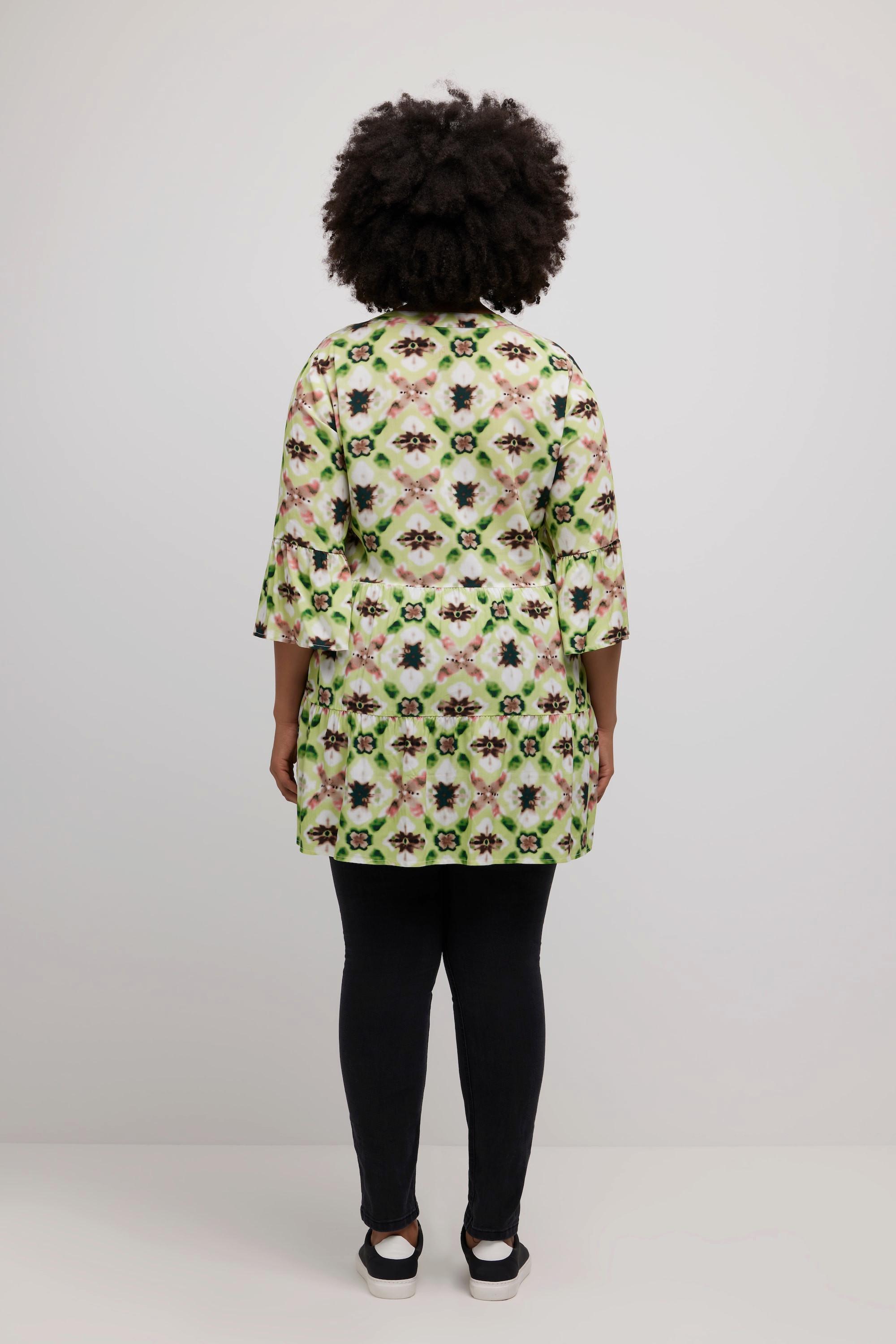 Ulla Popken Midikleid Volants A-Linie Tunika-Ausschnitt 3/4-Arm  