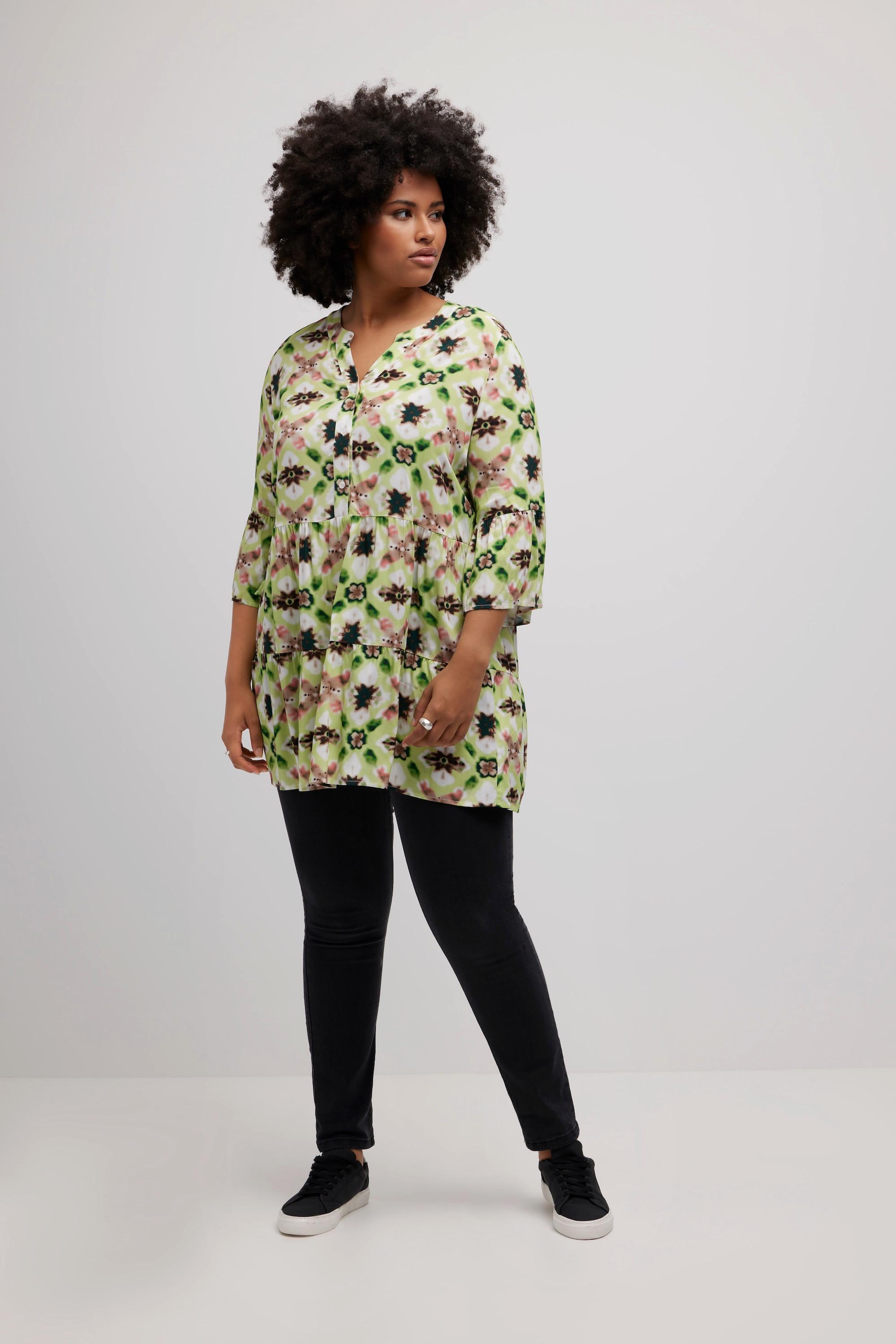 Ulla Popken Midikleid Volants A-Linie Tunika-Ausschnitt 3/4-Arm  