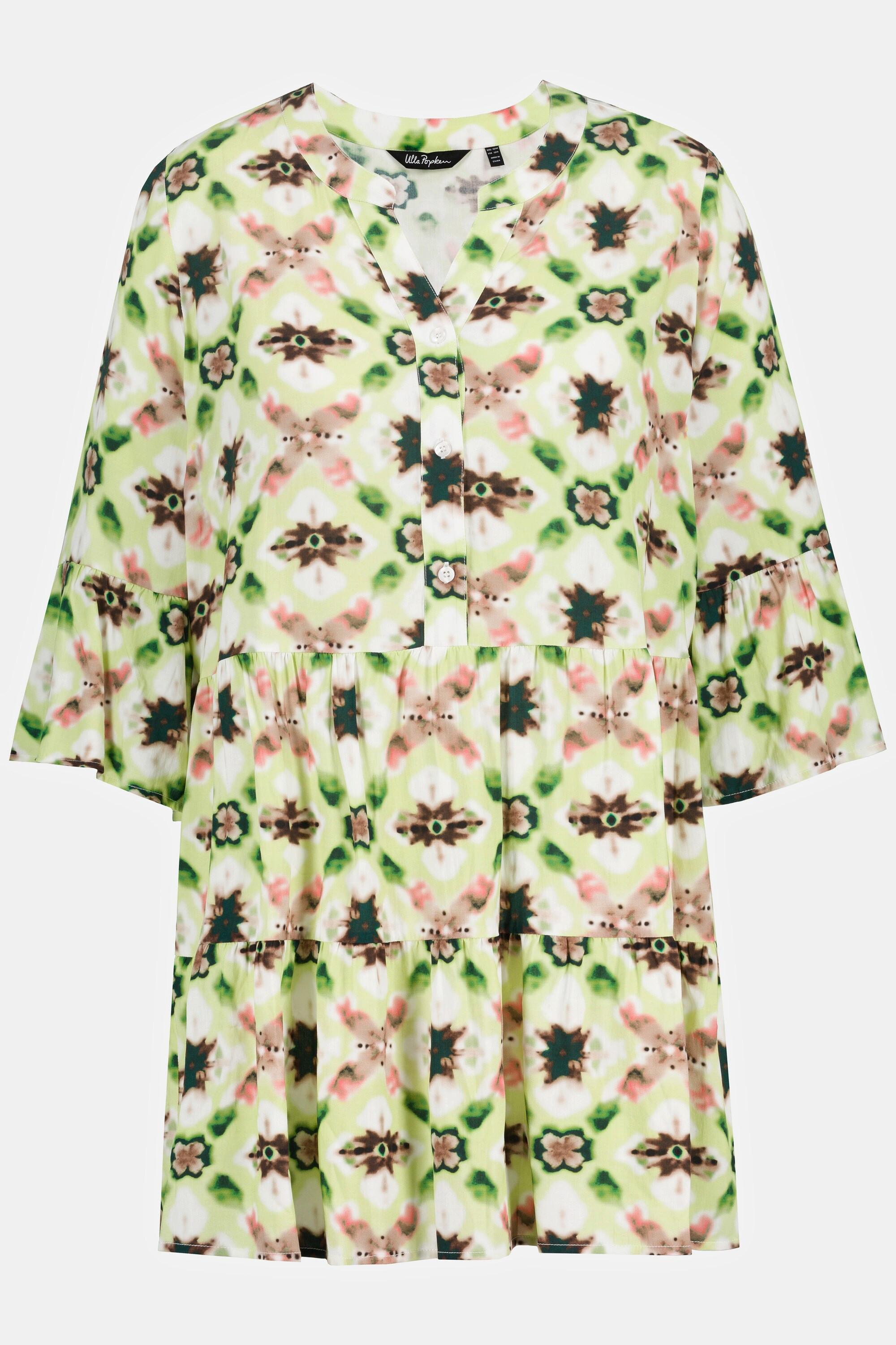 Ulla Popken Midikleid Volants A-Linie Tunika-Ausschnitt 3/4-Arm  