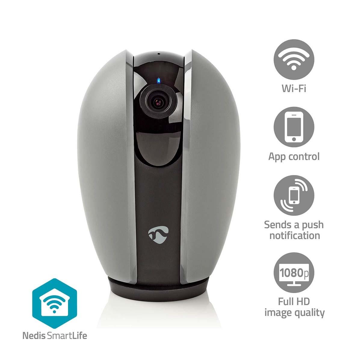 Nedis  Caméra d'intérieur SmartLife | Wi-Fi | Full HD 1080p | Pan tilt | microSD (non inclus) / Cloud storage (optionnel) | Avec détecteur de mouvement | Vision nocturne | Gris foncé / Blanc 