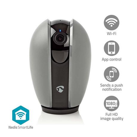 Nedis  Telecamera SmartLife per interni | Wi-Fi | Full HD 1080p | Inclinazione panoramica | MicroSD (non inclusa) / Archiviazione cloud (opzionale) | Con sensore di movimento | Visione notturna | Grigio scuro / Bianco 