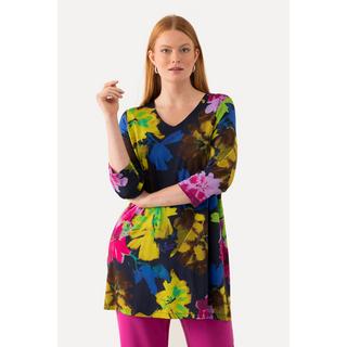 Ulla Popken  Maglia in tessuto fluente con fiori, scollo a V e maniche a 3/4 