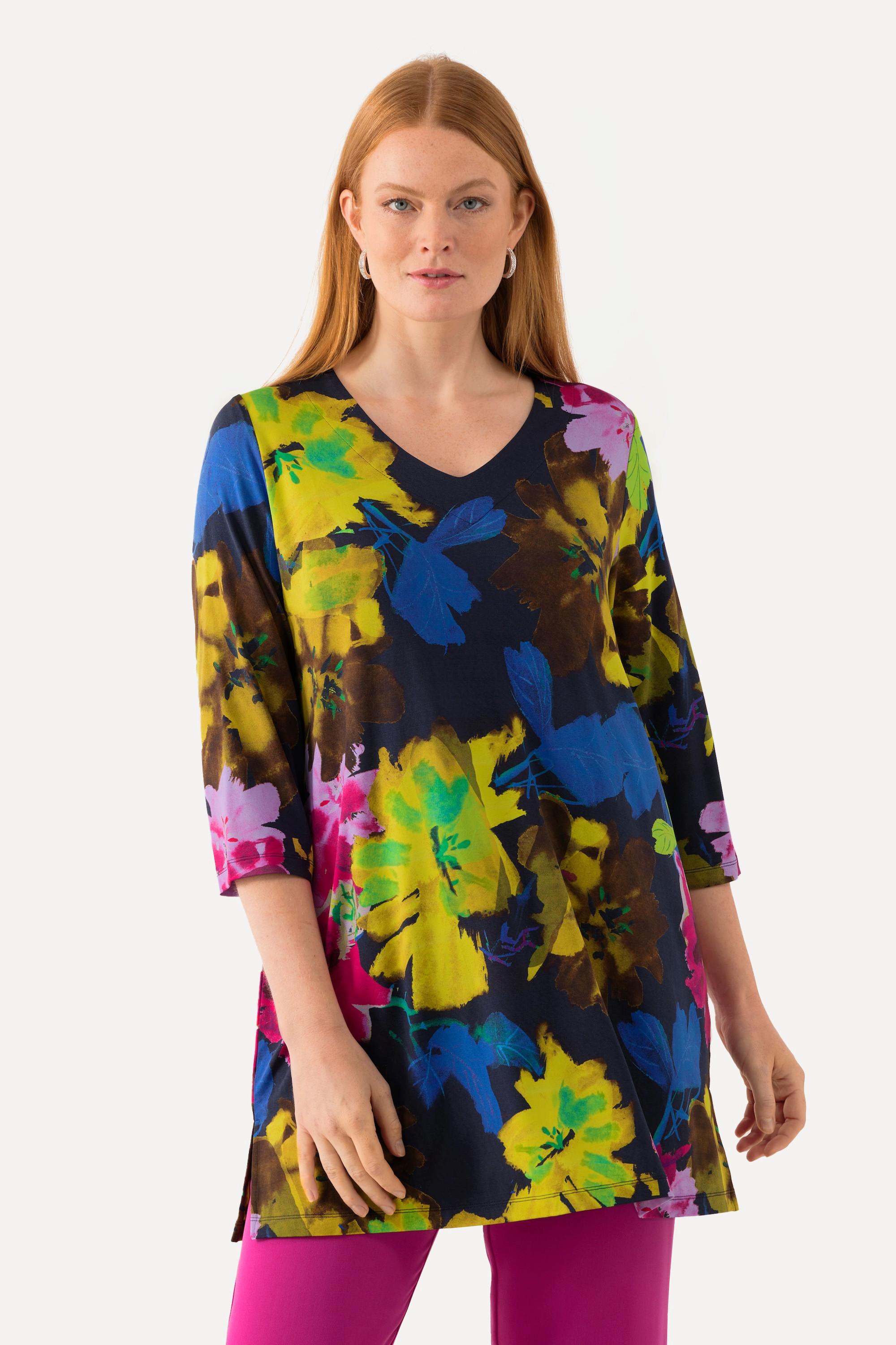 Ulla Popken  Slinkyshirt, Blüten, V-Ausschnitt, 3/4-Arm 