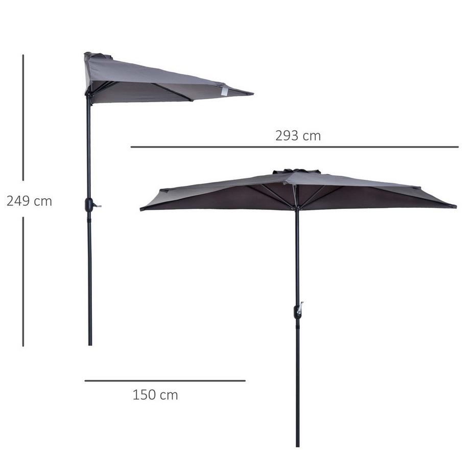 Northio Sonnenschirm Kurbelschirm Gartenschirm Schirm Marktschirm, Metall, Halbrund, Grau+Schwarz  