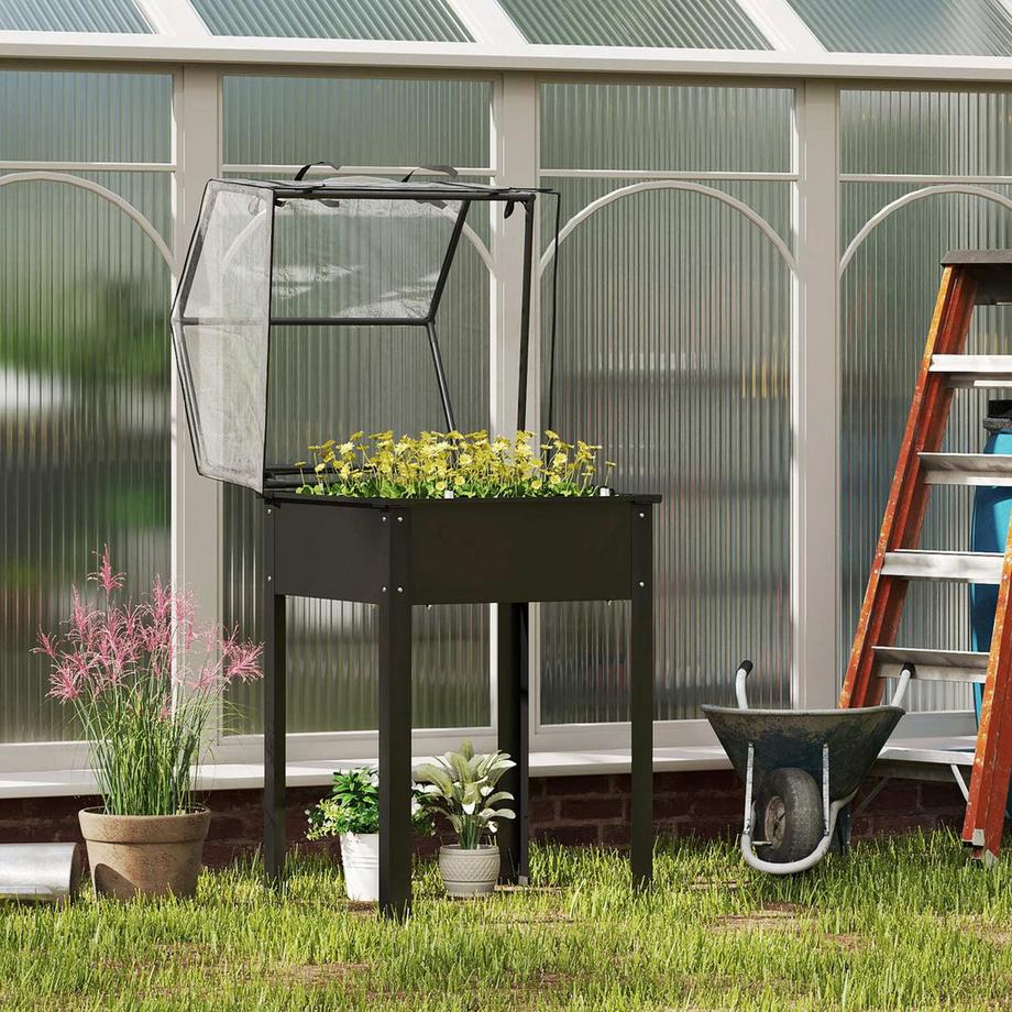 Northio Hochbeet mit Abdeckung, erhöhtes Kräuterbeet mit Ablauflöchern, Pflanzkasten aus Metall, wetterbeständig Gemüsebeet, Gartenbeet, Pflanzbeet für Garten, Balkon, 60 x 60 x 120 cm, Schwarz Aosom  