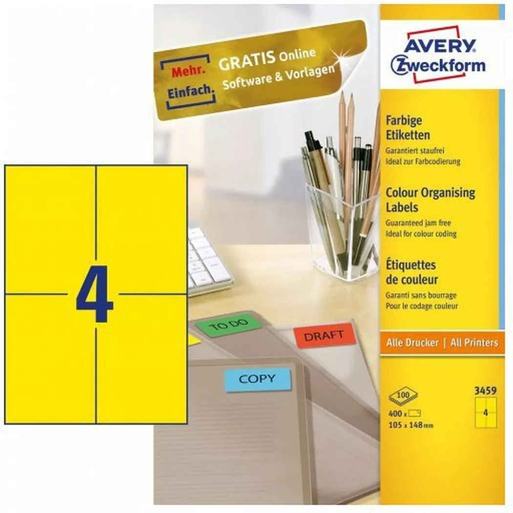 Avery-Zweckform – AVERY ZWECKFORM Etiketten 105x148mm, 100Bl./400St., One Size, Gelb Bunt