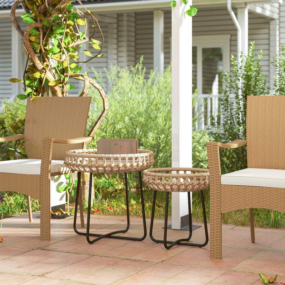 Northio 2er Set Beistelltisch Polyrattan Ø60/41 cm rund wetterfest Gartentisch mit X-Beine Verstellbare Fußpads Outdoor Balkontisch Couchtisch Gartenmöbel für Garten, Balkon Braun |  