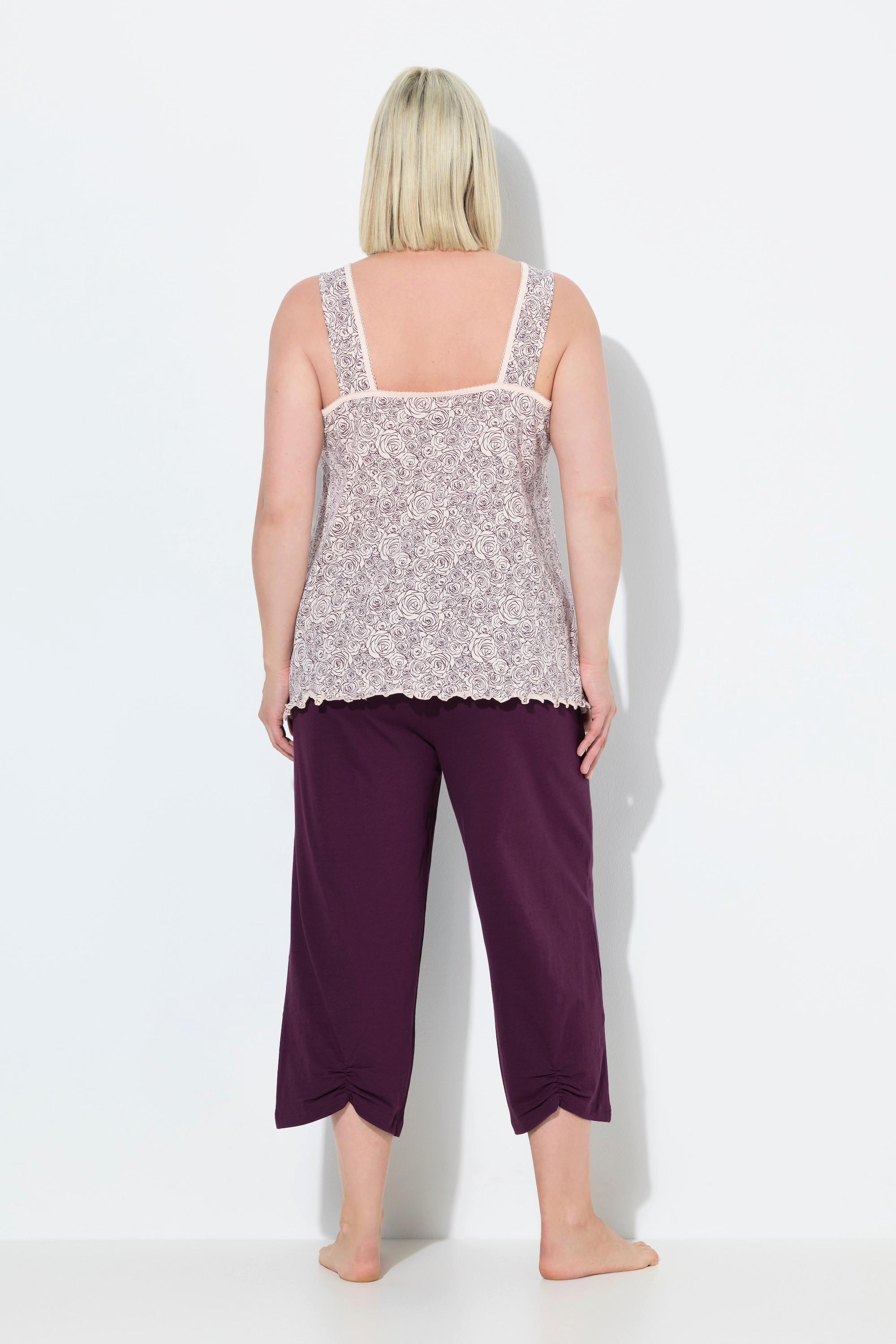 Ulla Popken Pigiama smanicato con stampa a rose e pantaloni 3/4  