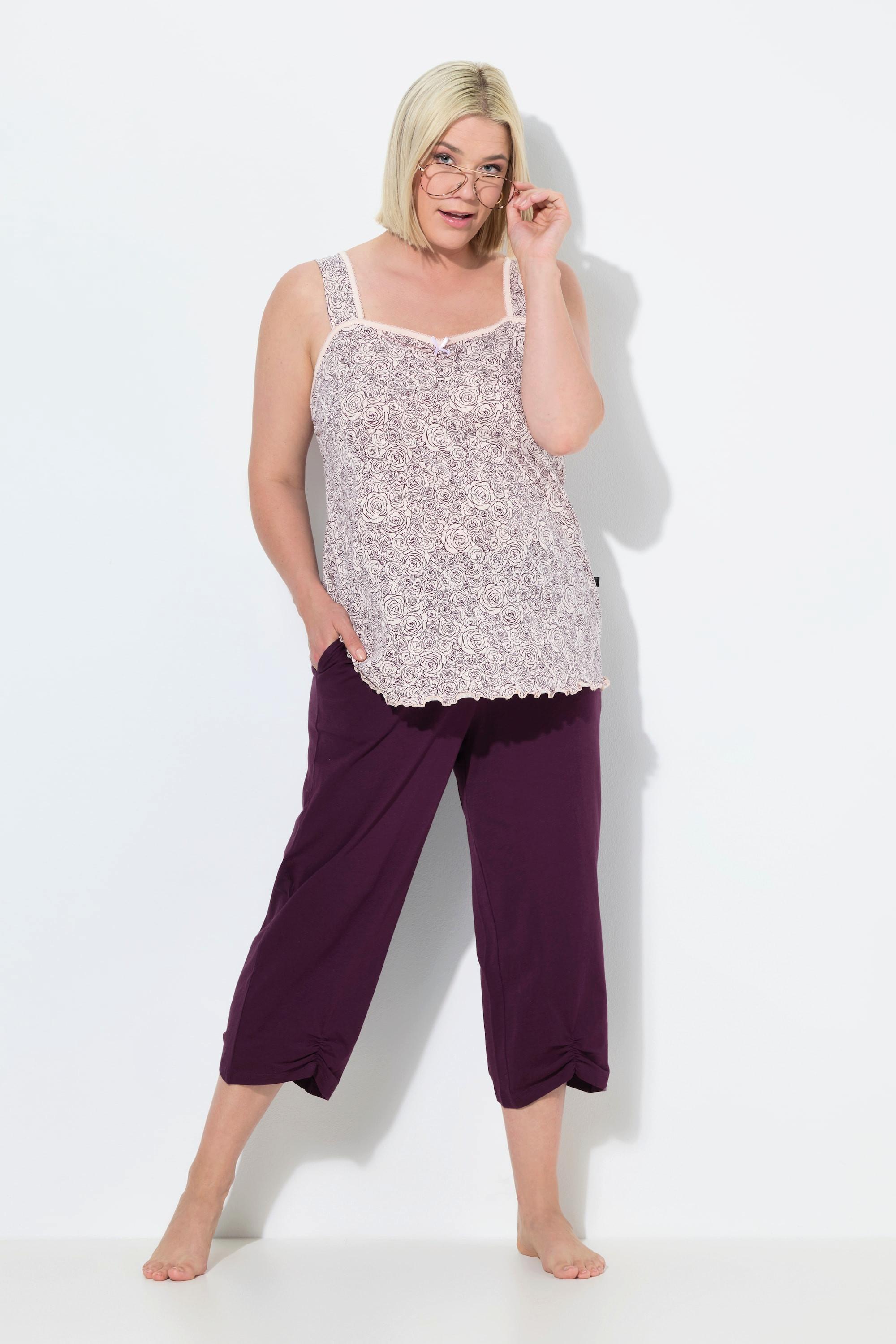 Ulla Popken Pigiama smanicato con stampa a rose e pantaloni 3/4  