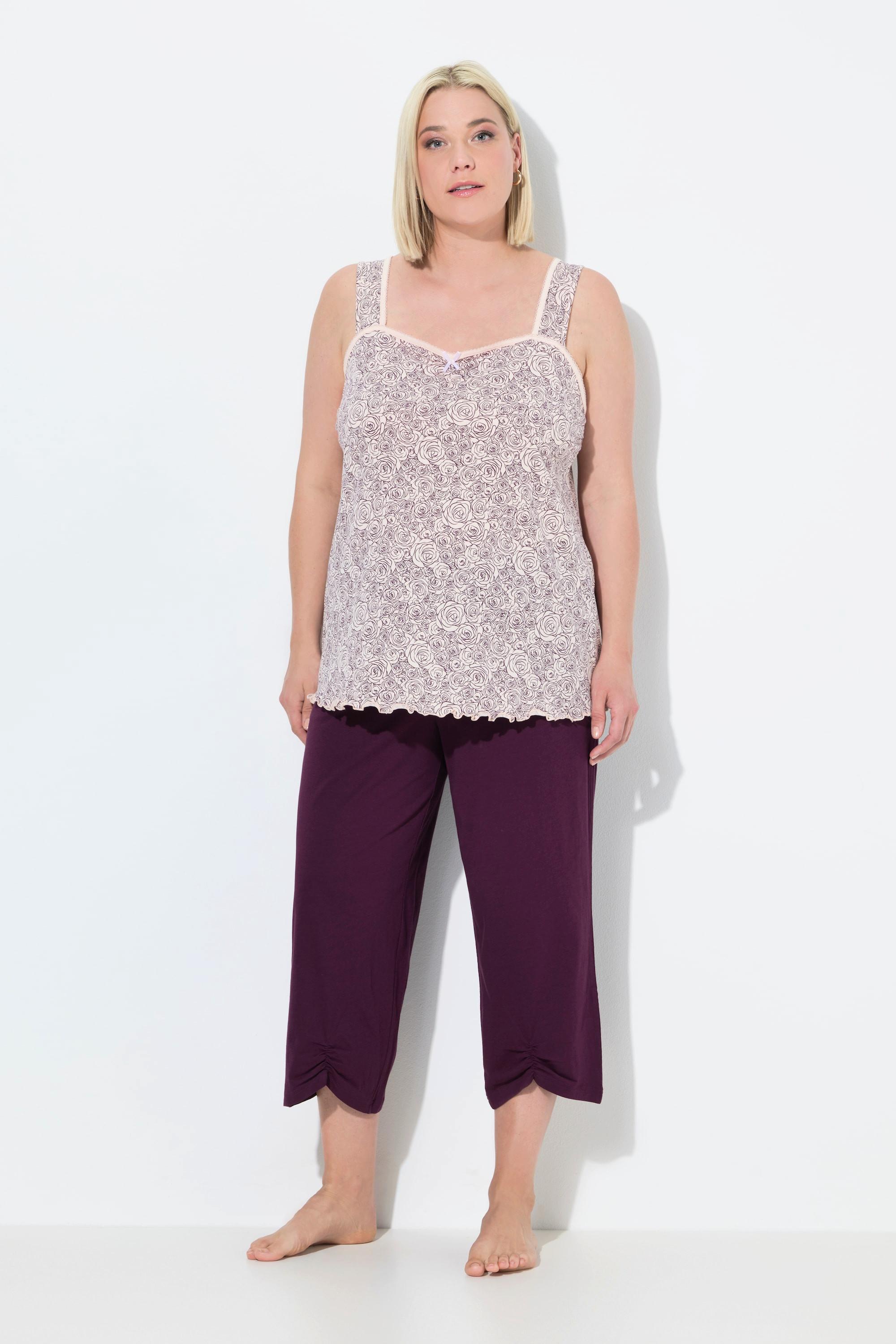 Ulla Popken Pigiama smanicato con stampa a rose e pantaloni 3/4  