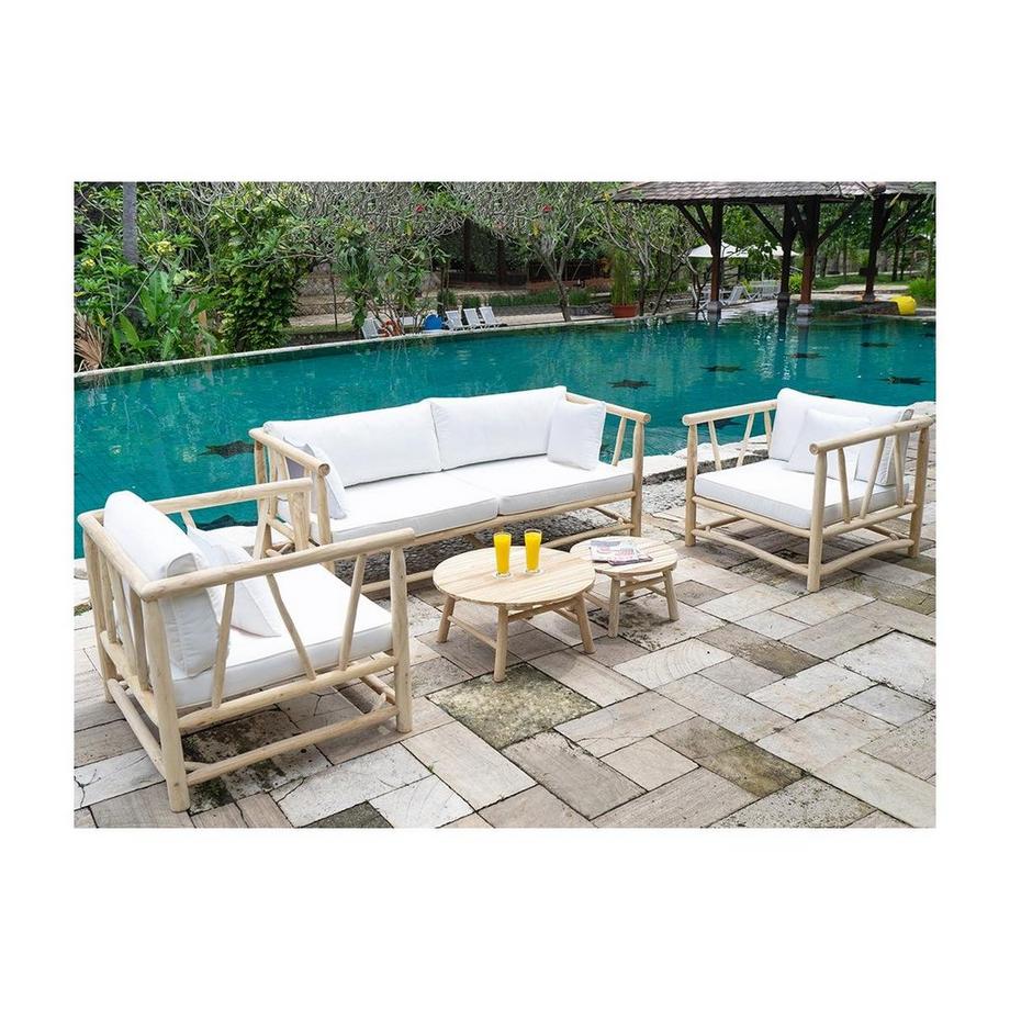 Salon de jardin en bois : un canapé 3 places + 2 fauteuils + 2 tables basses - Teck clair et blanc - TULUM de MYLIA