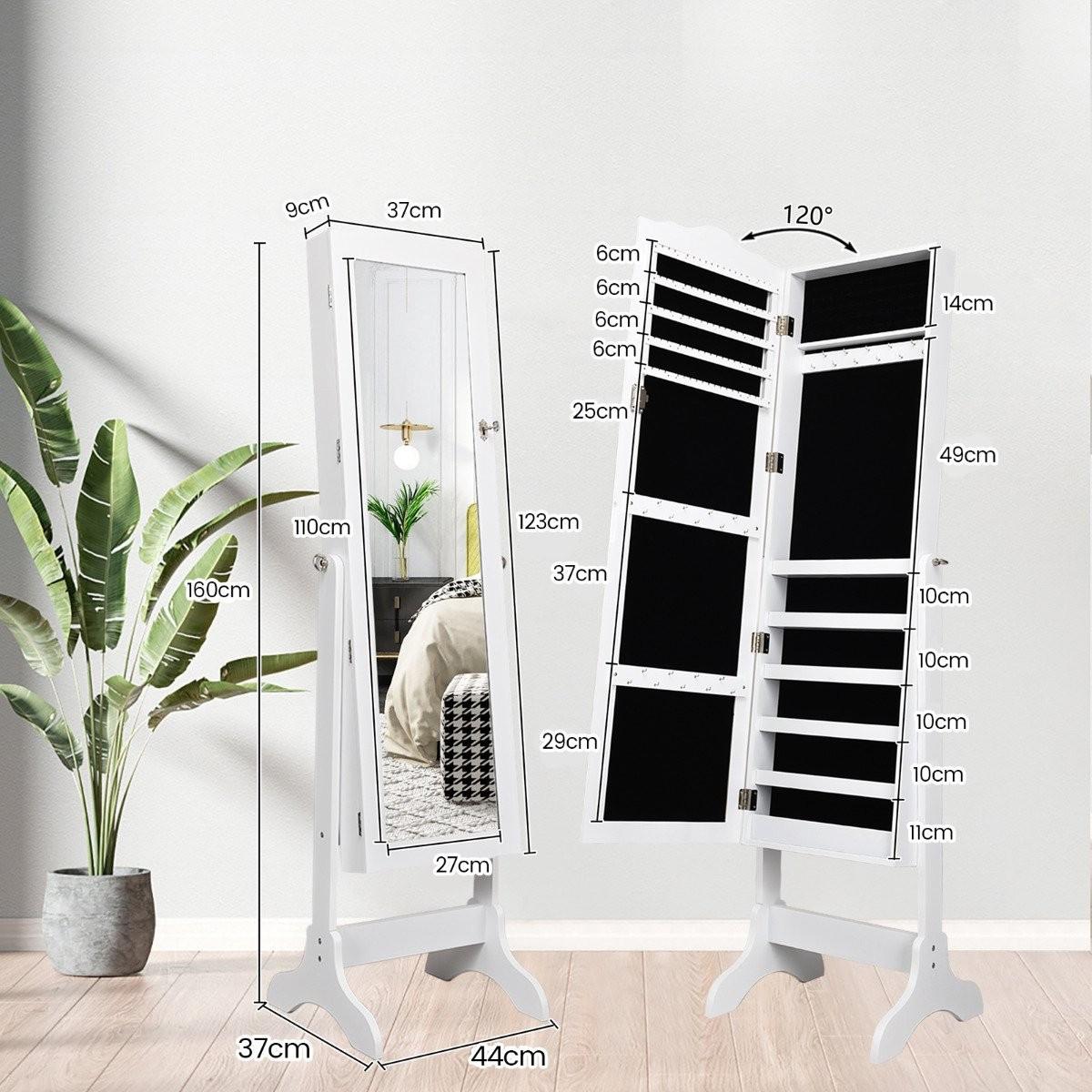 B2X Abschließbarer Schmuckschrank Stehendes Design mit verstellbarem Winkel mit Ganzkörperspiegel 45 x 37 x 160 cm Weiß  