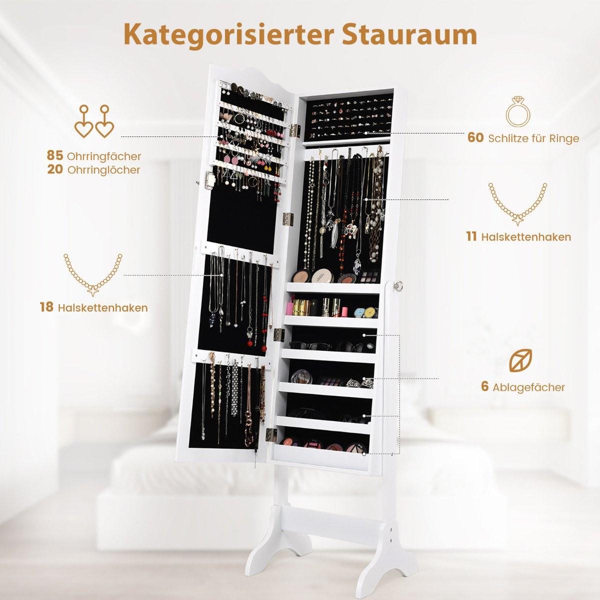 B2X Abschließbarer Schmuckschrank Stehendes Design mit verstellbarem Winkel mit Ganzkörperspiegel 45 x 37 x 160 cm Weiß  