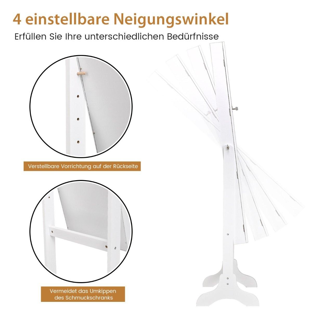 B2X Abschließbarer Schmuckschrank Stehendes Design mit verstellbarem Winkel mit Ganzkörperspiegel 45 x 37 x 160 cm Weiß  