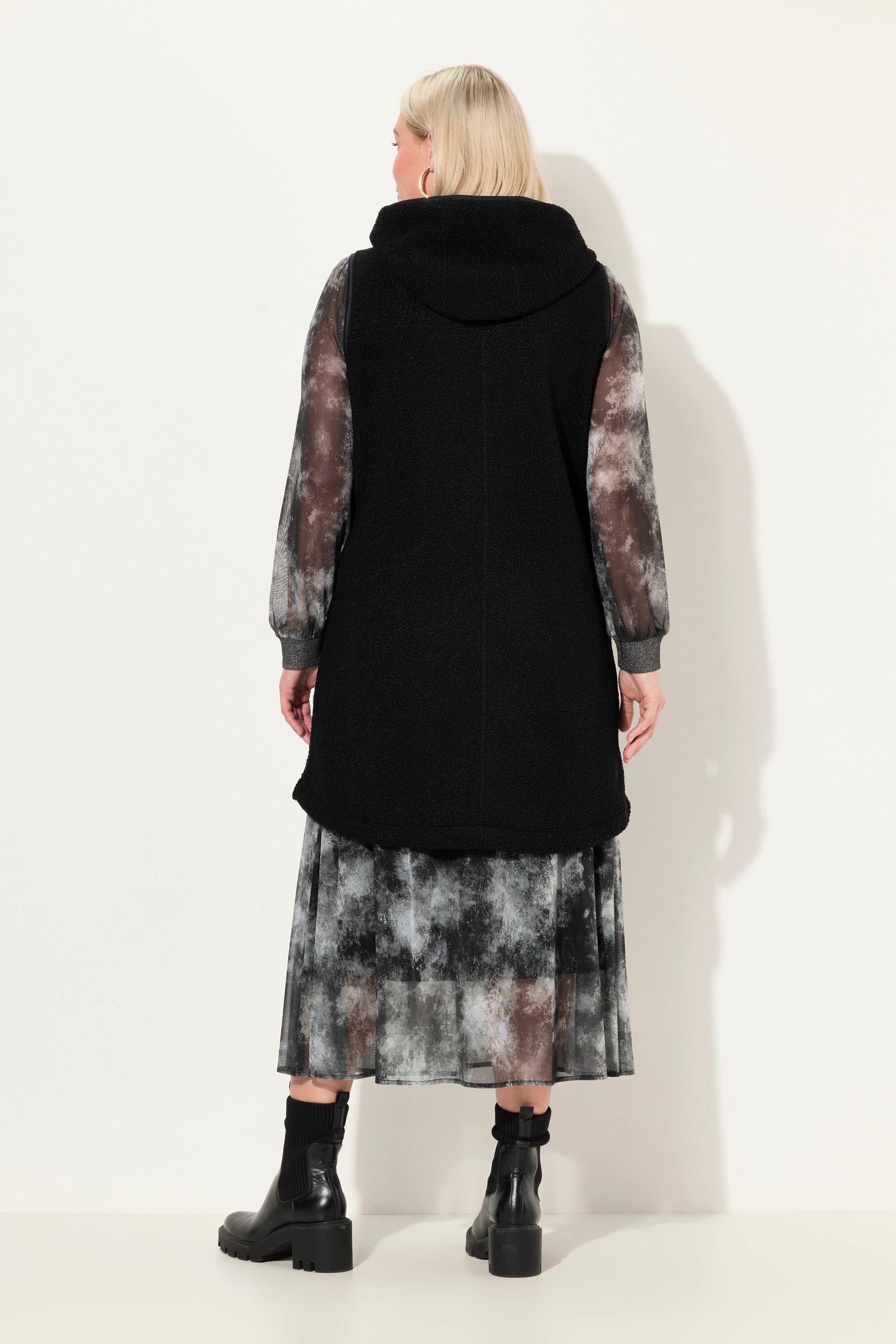 Ulla Popken Gilet Lungo Teddy Cappuccio Cerniera Doppio Cursore  