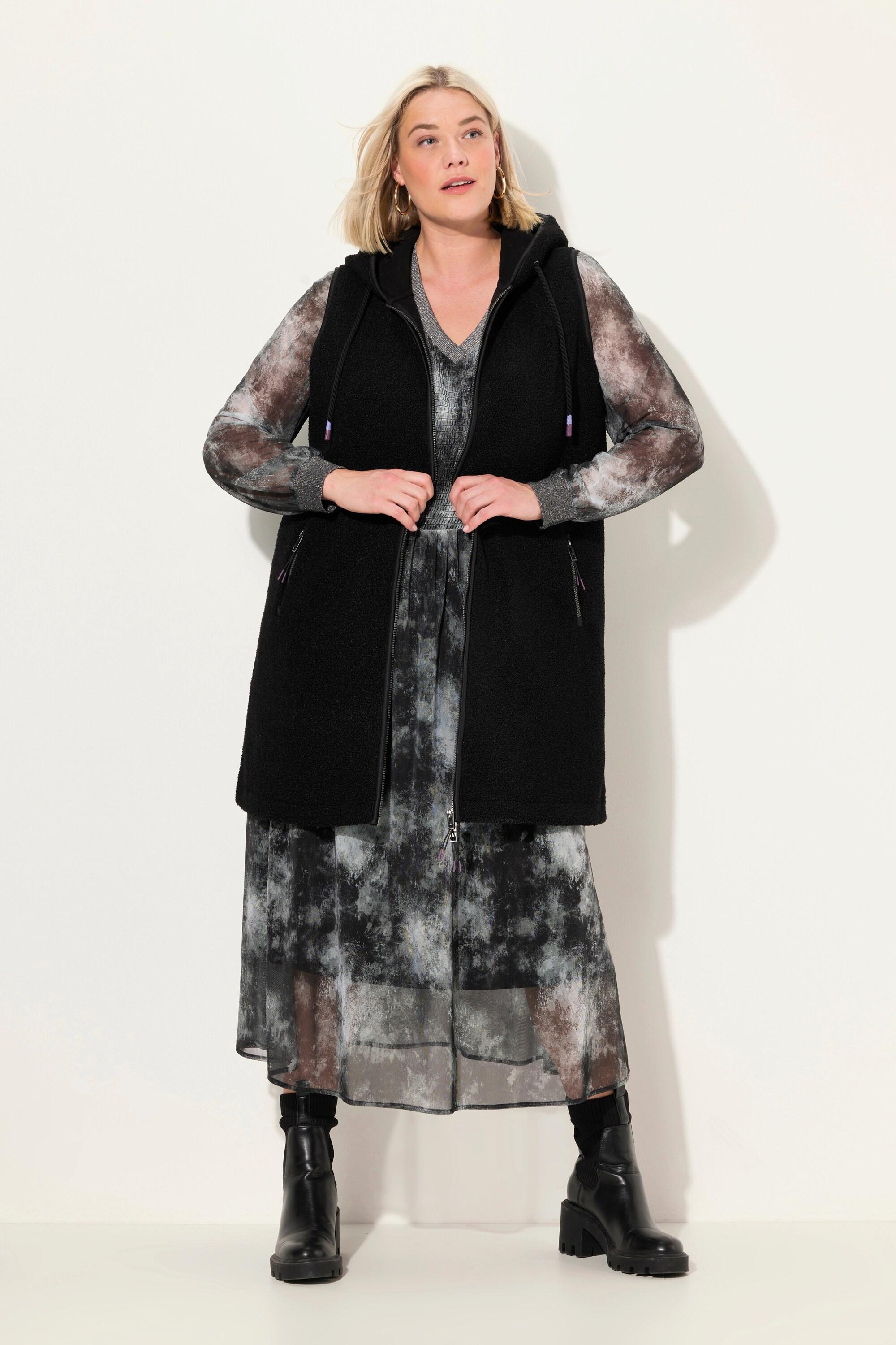 Ulla Popken Gilet Lungo Teddy Cappuccio Cerniera Doppio Cursore  