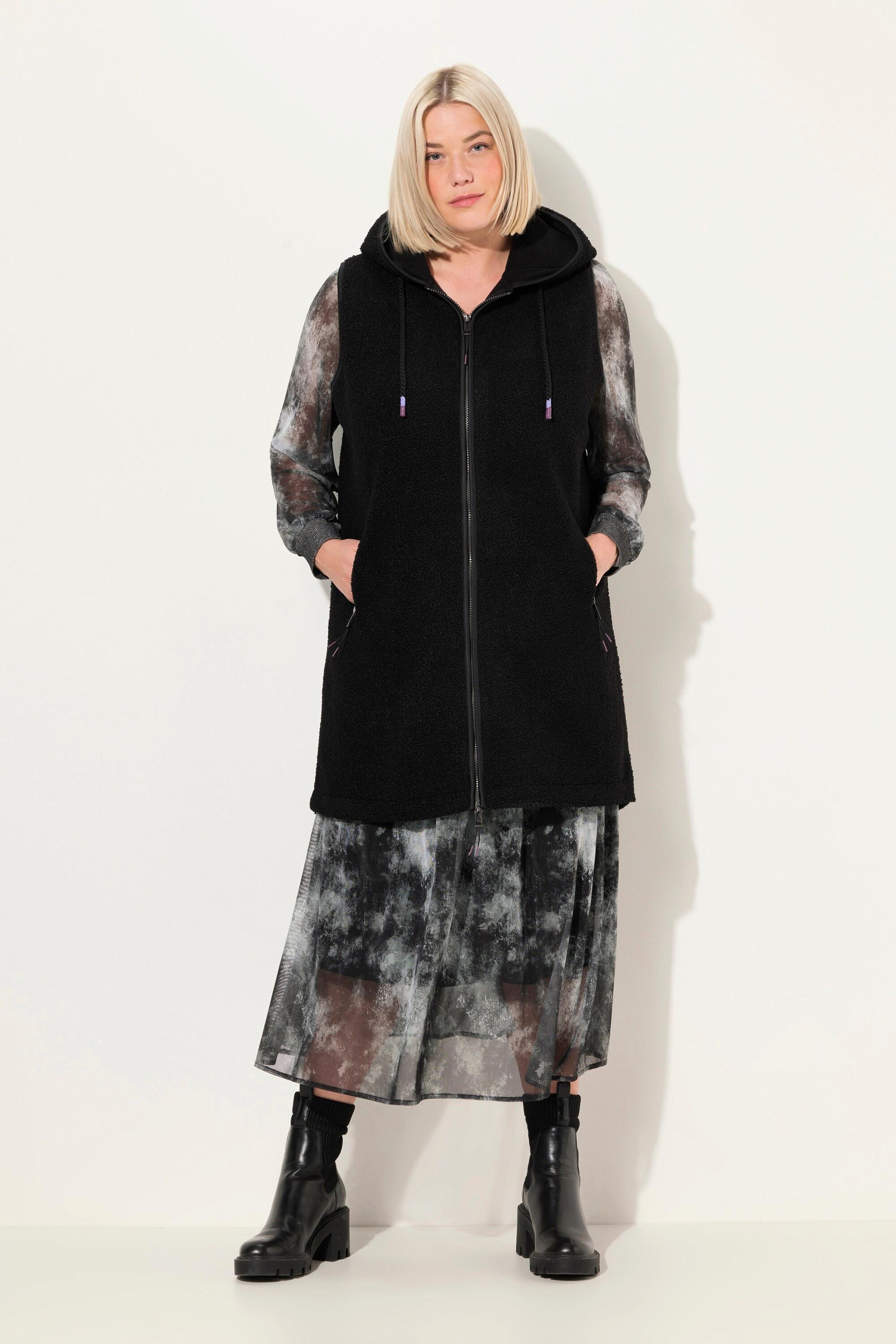 Ulla Popken Gilet Lungo Teddy Cappuccio Cerniera Doppio Cursore  