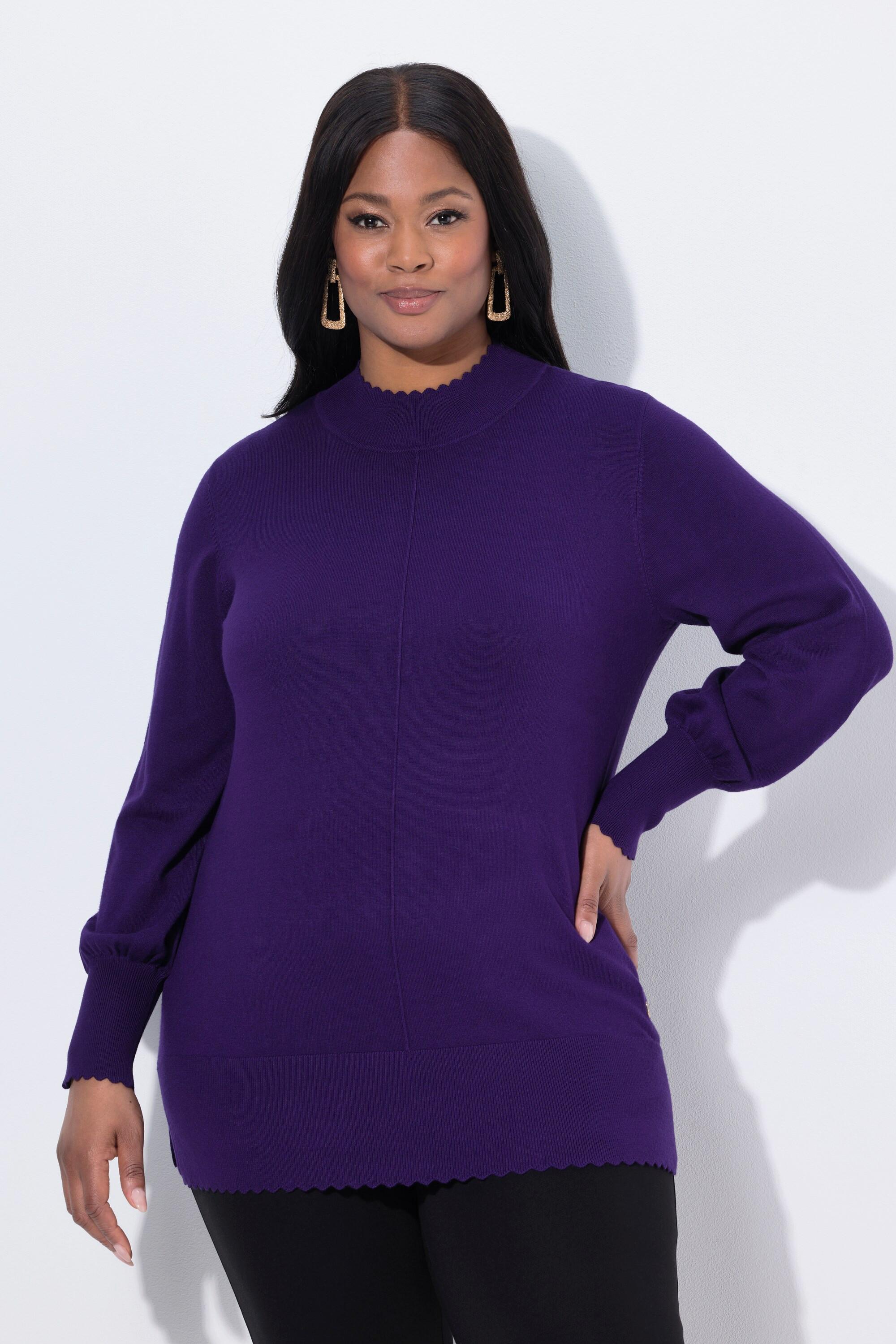 Ulla Popken Pull Bord Dentelé Col Montant Manches Longues  