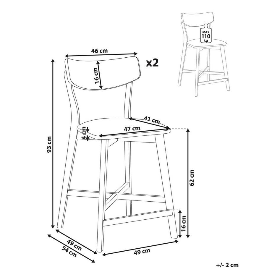 Beliani Lot de 2 chaises de bar en Bois d'hévéa  HOLLY  