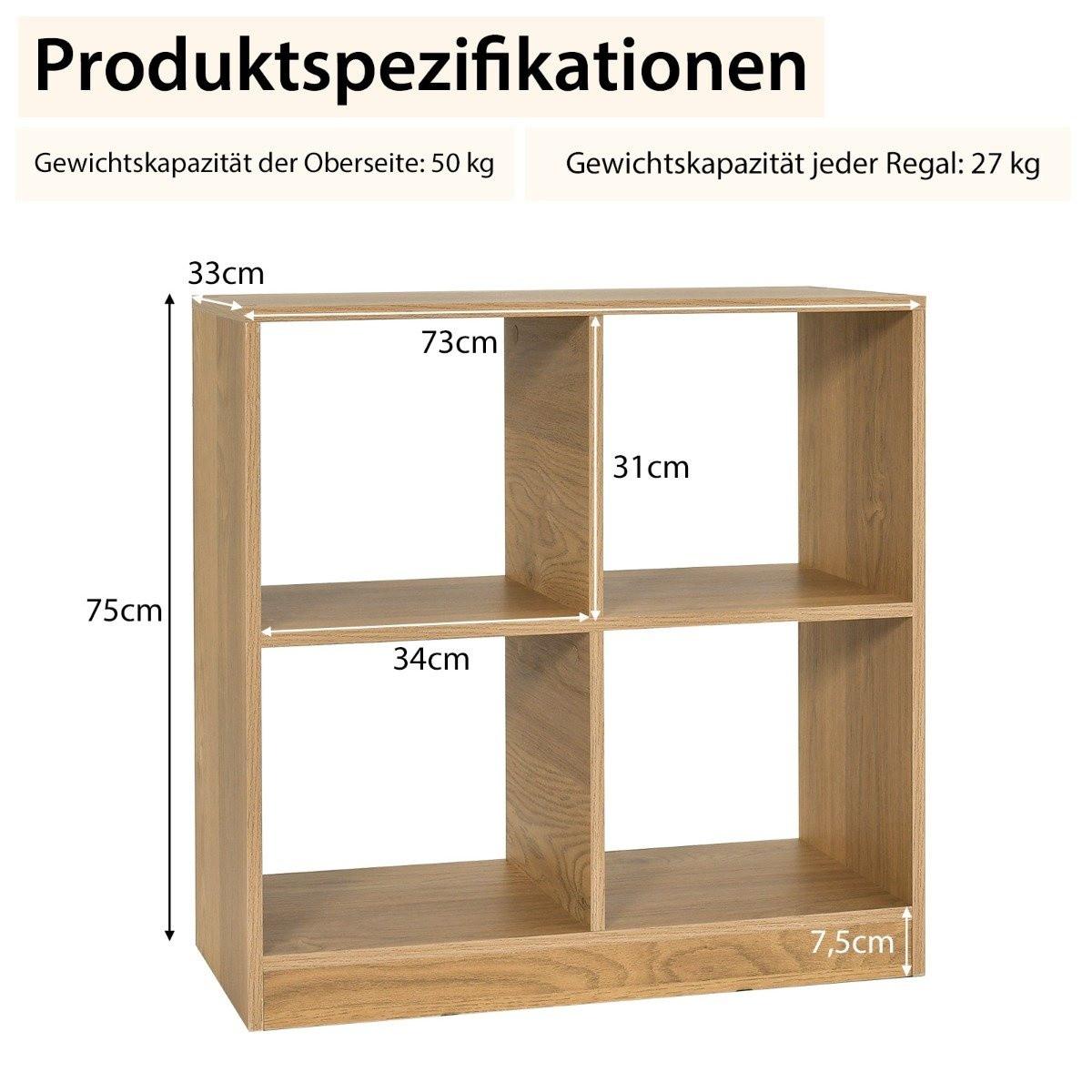 B2X Bücherregal aus Holz mit 4 Fächern Würfelregal & Kippschutz 73 x 33 x 73 cm Natur  