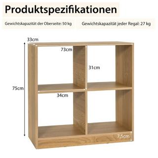 B2X Bücherregal aus Holz mit 4 Fächern Würfelregal & Kippschutz 73 x 33 x 73 cm Natur  