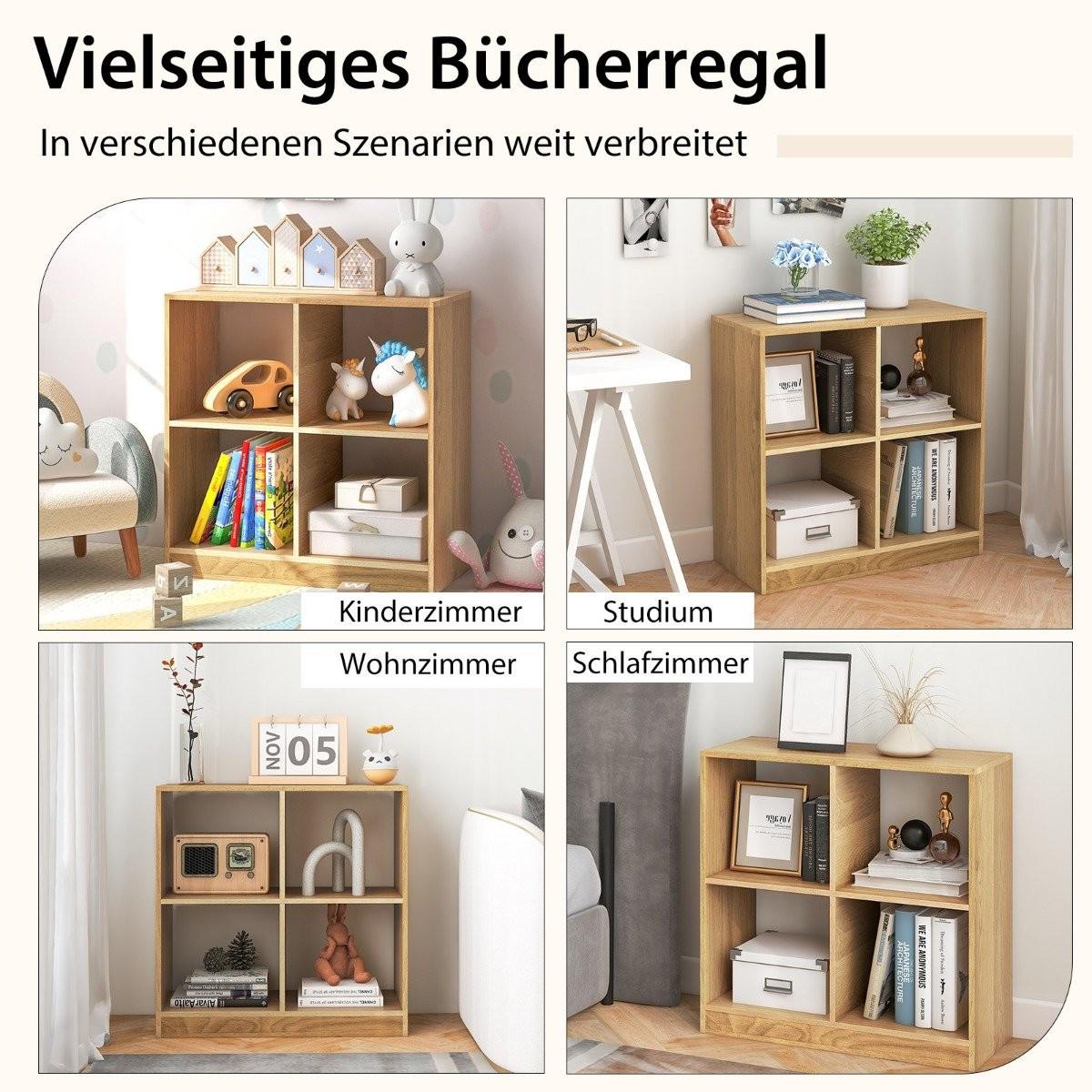 B2X Bücherregal aus Holz mit 4 Fächern Würfelregal & Kippschutz 73 x 33 x 73 cm Natur  